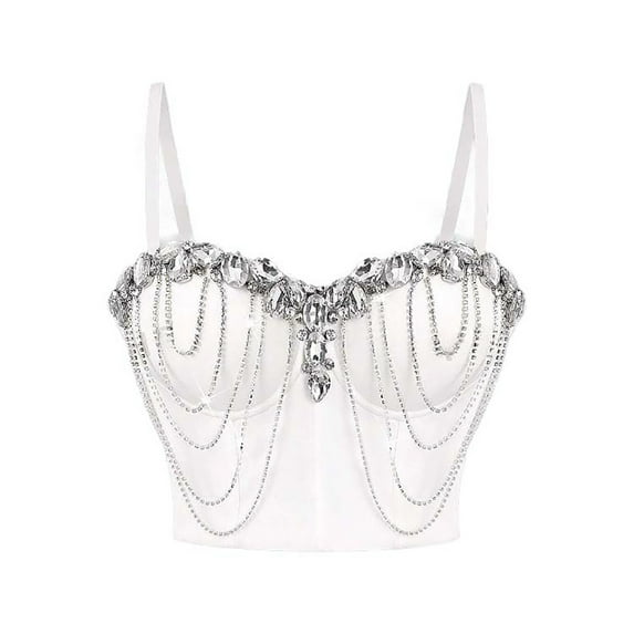 Xfvqtps Womens Rhinestone Chain Corset Crop Tops Sling Tube Top Flexible Boned Support Spaghetti Straps Bustier Vest Waist Corset White