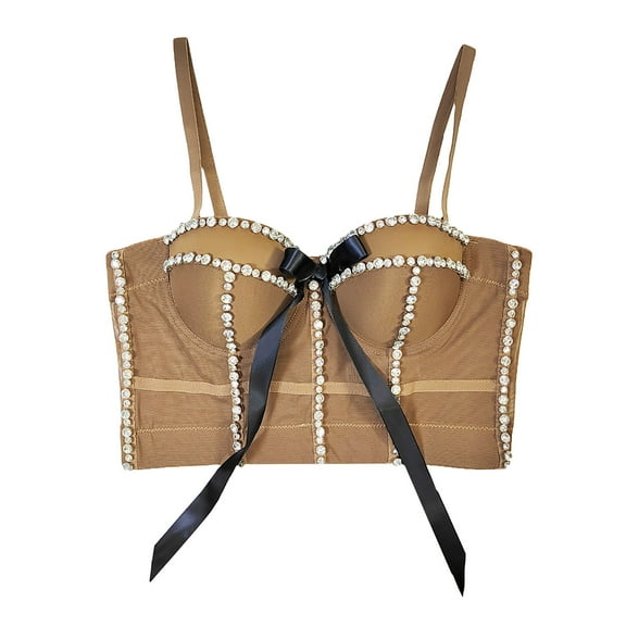 Xfvqtps Womens Rhinestone Lace Corset Crop Tops Sling Tube Top Flexible Boned Support Spaghetti Straps Bustier Vest Waist Corset Coffee