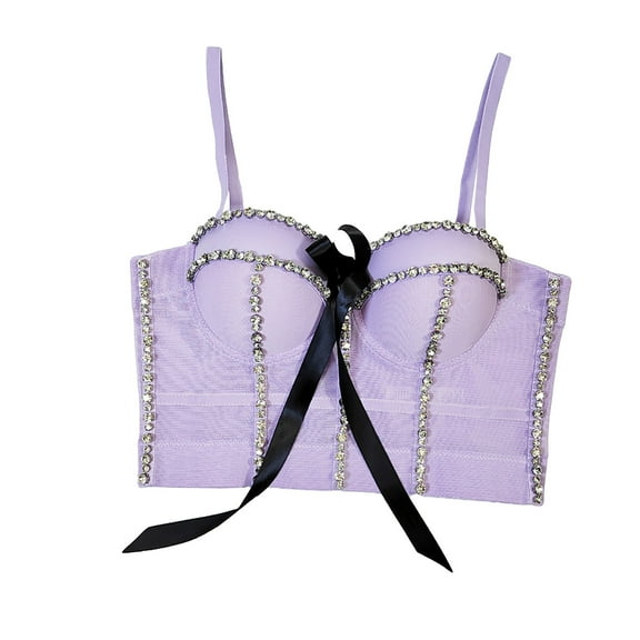 Xfvqtps Womens Rhinestone Lace Corset Crop Tops Sling Tube Top Flexible Boned Support Spaghetti Straps Bustier Vest Waist Corset Purple