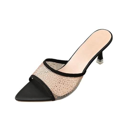 Xfvqtps Womens Rhinestone Mesh Mules Peep Toe High Heels Glitter Party Shoes Open Toe Evening Sandals Sparkly Dress Heels for Women Special Occasion Shoes