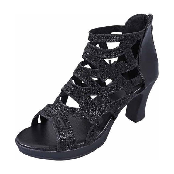 Xfvqtps Womens Rhinestone Sandals Ankle Strap Zipper Back Heels Cutout Peep Toe Block Heel Evening Dressy Party Wedding Prom Shoes