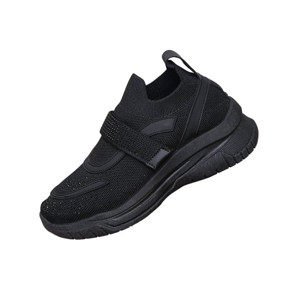 Xfvqtps Womens Rhinestone Sneakers Breathable Knit Upper Casual Walking Shoes Slip on Flat Sole Fashion Athletic Footwear Black
