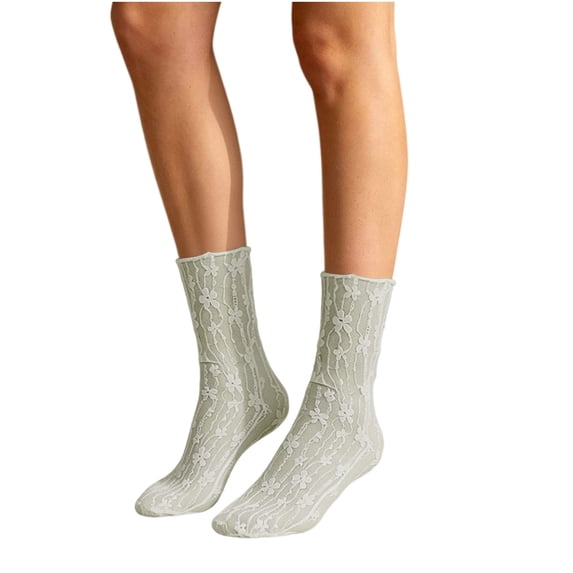 Xfvqtps Womens Ruffle Lace Socks Solid Color Breathable Summer Thin Crew Socks