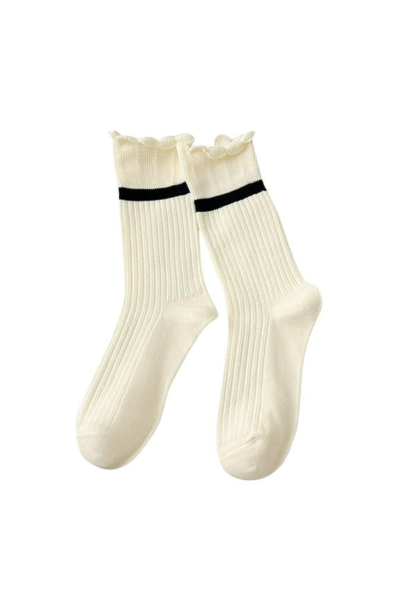 Womens Ruffle Socks Striped Solid Color Simplicity Middle Tube Non Shedding Comfortable Breathable Elastic Soft Cozy Premium College Style Spring Summer Cotton Socks White