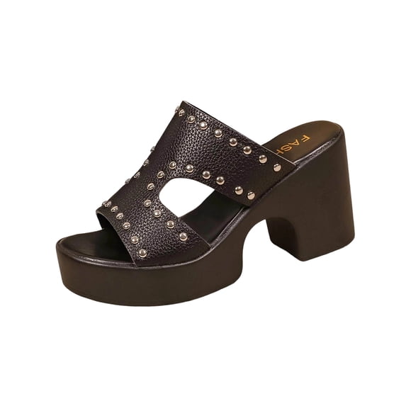 Xfvqtps Womens Sandals Chunky Mid Heel Slippers Metallic Studded Open Peep Toe Casual Shoes for Spring Summer Fashion