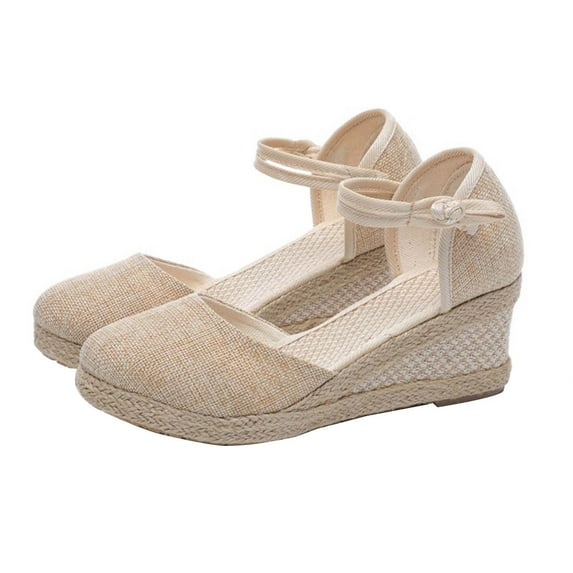 Xfvqtps Womens Sandals Espadrilles Wedges High Heeled Flax Close Round Toe Ankle Strap Frog Non Slip Breathable Lightweight Casual Summer Sandals Beige