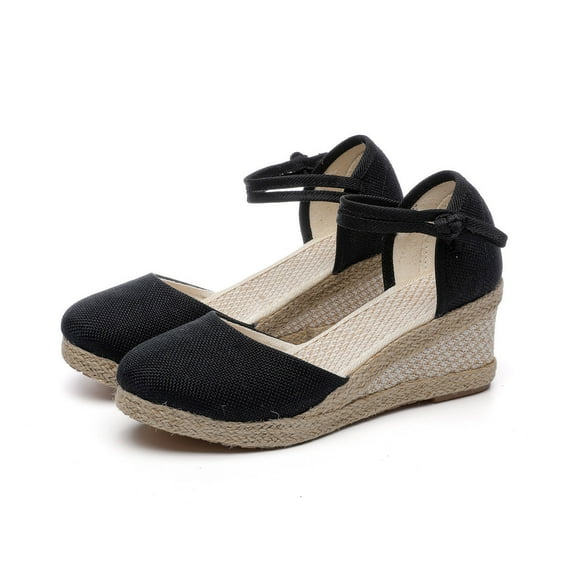 Xfvqtps Womens Sandals Espadrilles Wedges High Heeled Flax Close Round Toe Ankle Strap Frog Non Slip Breathable Lightweight Casual Summer Sandals Black