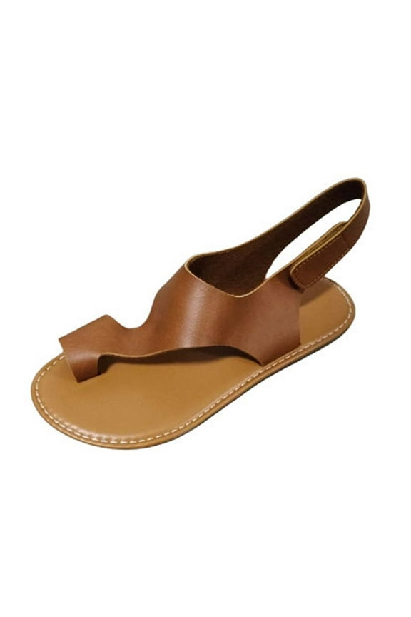 Womens Sandals Flat Ring Clip Toe Slingback Hook and Loop Strap Solid Color Simple Non Slip Breathable Casual Fashion Summer Beach Leather Sandals Brown
