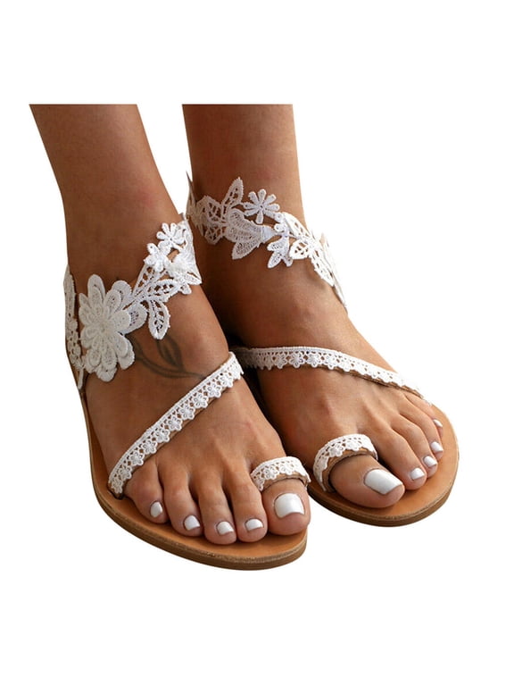 Womens Sandals Flat Strappy Ring Clip Toe Flip Flops Floral Lace Slip on Non Slip Breathable Casual Roman Summer Beach Shoes White