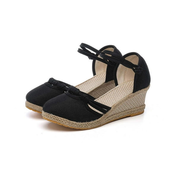 Xfvqtps Womens Sandals High Heeled Wedges Espadrilles Weave Flax Close Almond Toe Ankle Strap Frog Hollow out Simple Elegant Non Slip Breathable Lightweight Casual Summer Pumps Black