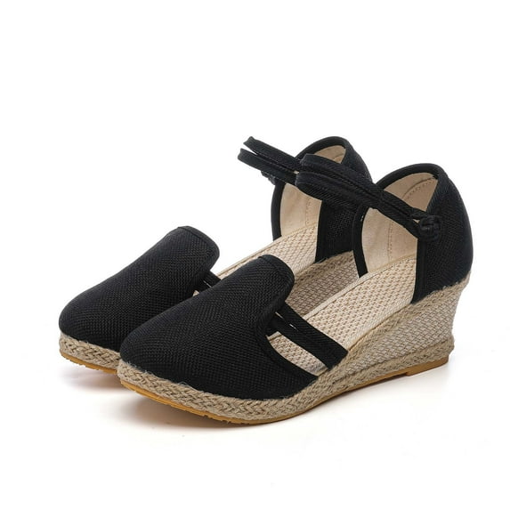 Xfvqtps Womens Sandals High Heeled Wedges Espadrilles Weave Flax Close Toe Ankle Strap Frog Cut out Simple Elegant Non Slip Breathable Lightweight Casual Summer Pumps Black