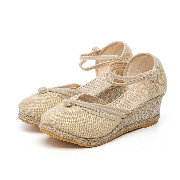 Xfvqtps Womens Sandals High Heeled Wedges Espadrilles Weave Flax Straps Close Toe Ankle Strap Frog Simple Elegant Non Slip Breathable Lightweight Casual Summer Pumps Beige