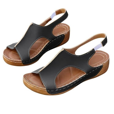 Xfvqtps Womens Sandals Large Size Hollow out Peep Toe Solid Color Elastic Band Soft Sole Comfortable Non-Slip Vacation Beach Summer Wedge Shoes Black-03