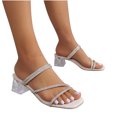 thumbnail image 1 of Xfvqtps Womens Sandals Rhinestone Strappy Block Low Heeled Square Toe Clear Chunky Heels Open Toe Two Ways Wearing Slide Summer Dress Shoes Beige, 1 of 7