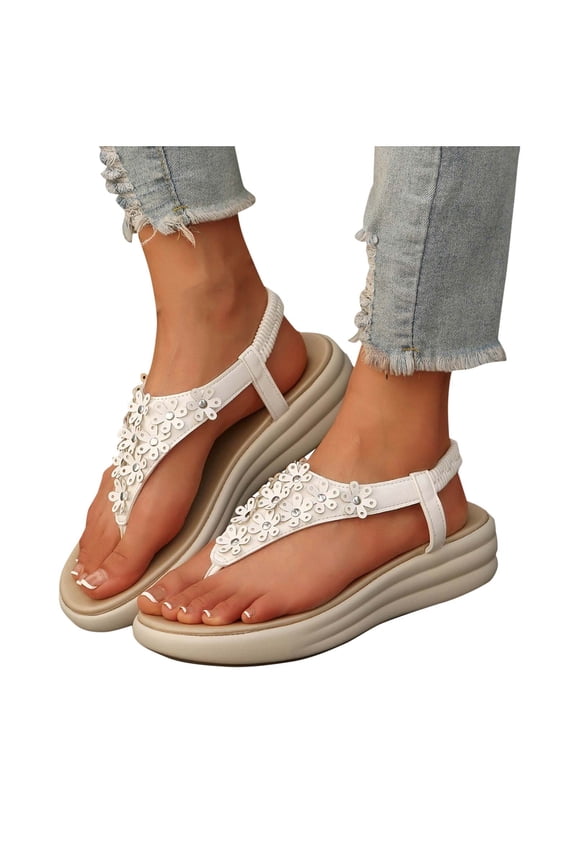 Womens Sandals T-Strap Split Toe Flower Decor Slip on Elastic Leather Solid Color Soft Sole Micro-Wedge Non Slip Comfortable Breathable Beach Summer Thong Sandals White