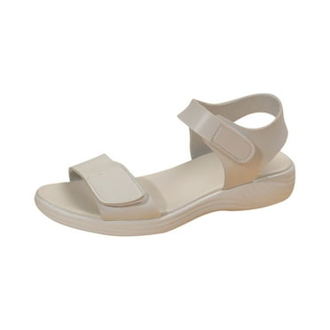 Xfvqtps Womens Sandals Hook and Loop Solid Color Open Toe Thick Soft Sole Non Slip Comfortable Breathable Summer Leather Wedge Sandals White