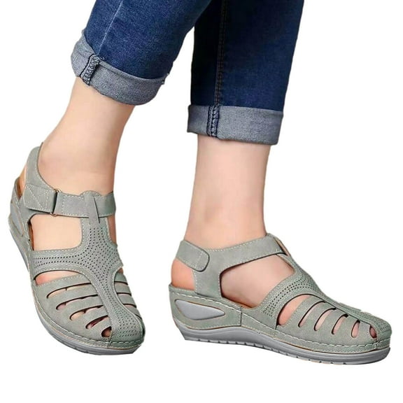 Xfvqtps Womens Sandals Wedge Shoes Close Toe Ankle Strap Hook and Loop Arch Support Mid Heels Soft Sole Non Slip Comfortable Breathable Bohemia Summer Outdoor Casual Wedges Gray