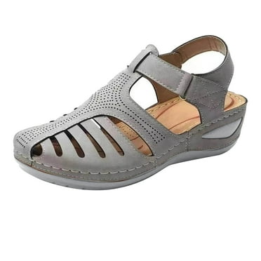 Xfvqtps Womens Sandals Wedge Shoes Close Toe Ankle Strap Hook and Loop Arch Support Mid Heels Soft Sole Non Slip Comfortable Breathable Bohemia Summer Outdoor Casual Wedges Gray