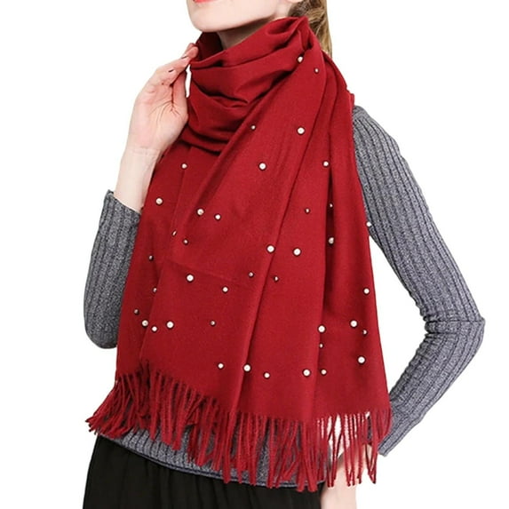 Xfvqtps Womens Scarf Long Knitting Solid Color Simplicity Pearl Tassels Fashion Elegant Windproof Coldproof Soft Comfortable Warm Fall Winter Blanket Shawls and Wraps Red
