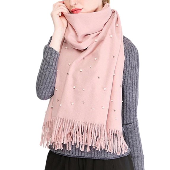 Xfvqtps Womens Scarf Long Knitting Solid Color Simplicity Pearl Tassels Fashion Elegant Windproof Coldproof Soft Comfortable Warm Fall Winter Blanket Shawls and Wraps Pink