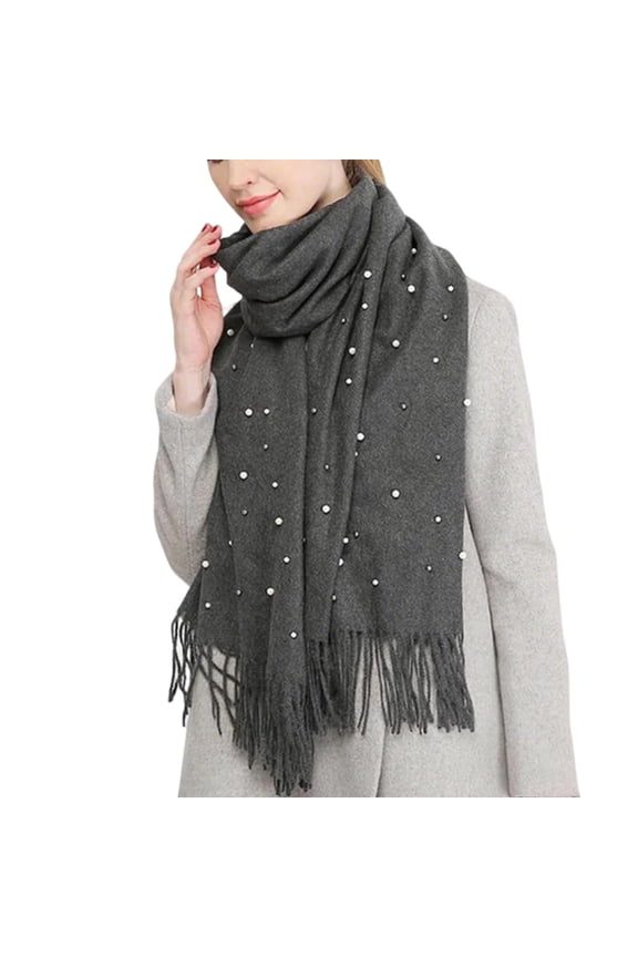 Womens Scarf Long Knitting Solid Color Simplicity Pearl Tassels Fashion Elegant Windproof Coldproof Soft Comfortable Warm Fall Winter Blanket Shawls and Wraps Dark Gray