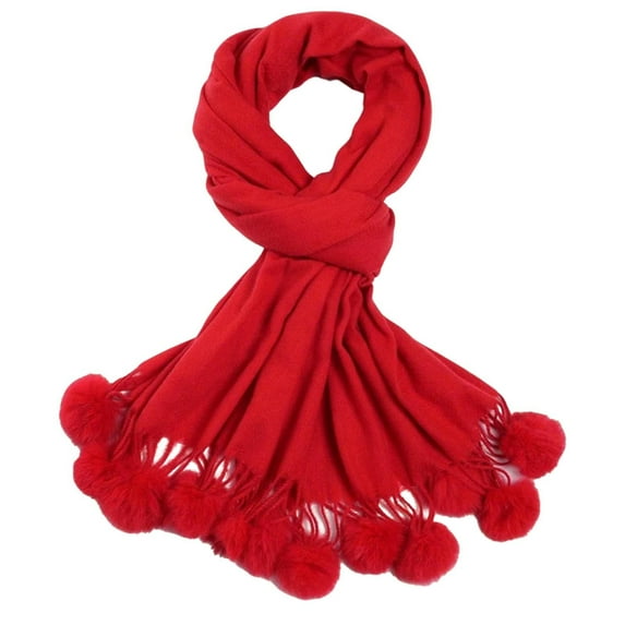 Xfvqtps Womens Scarf Long Knitting Solid Color Simplicity Pompom Tassels Fashion Elegant Windproof Coldproof Soft Comfortable Warm Fall Winter Scarves Red