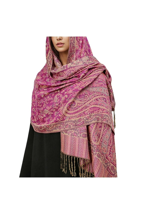Womens Scarf Long Tassel Pashmina Ethnic Style Decorative Pattern Windproof Coldproof Soft Comfortable Warm Fall Winter Blanket Shawls and Wraps White