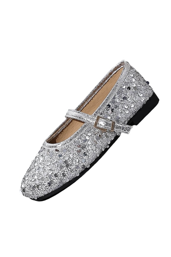 Womens Sequin Mary Jane Flat Shoes with Metal Buckle Party Evening Dressy Comfortable Shoes Silver