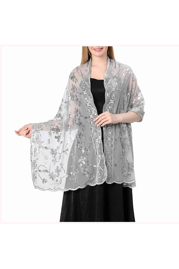 Womens Sequin Shawl Wedding Dress Evening Gown Cheongsam Shawl Bride Bridesmaid Shawl Scarf Dark Gray