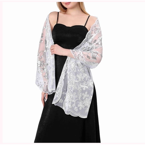 Xfvqtps Womens Sequin Shawl Wedding Dress Evening Gown Cheongsam Shawl Bride Bridesmaid Shawl Scarf White