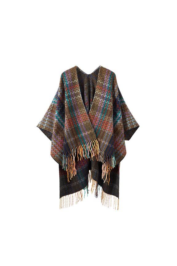 Womens Shawl Wrap Plaid Printed Open Front Tassel Bohemia Vintage Mixed Colors Warm Fall Winter Cardigan Brown