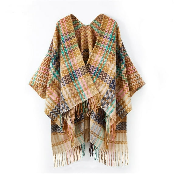 Xfvqtps Womens Shawl Wrap Plaid Printed Open Front Tassel Bohemia Vintage Mixed Colors Warm Fall Winter Cardigan Khaki