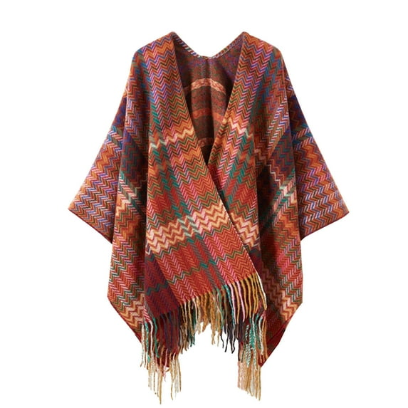 Xfvqtps Womens Shawl Wrap Plaid Printed Open Front Tassel Bohemia Vintage Mixed Colors Warm Fall Winter Cardigan Red