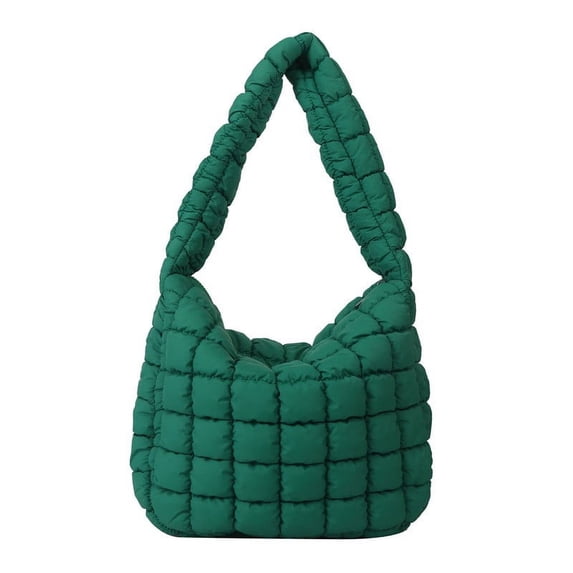 Xfvqtps Womens Shoulder Bag Puffy Cotton Clouds Pleated Lattice Large Capacity One Shoulder Armpit Personalized Lightweight Handbag Deep Green