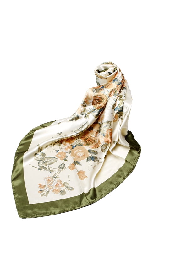 Womens Silk Scarf Floral Print Fashion Versatile Multi Functional Soft Breathable Spring and Summer Hair Wrapping Square Satin Hair Band Green