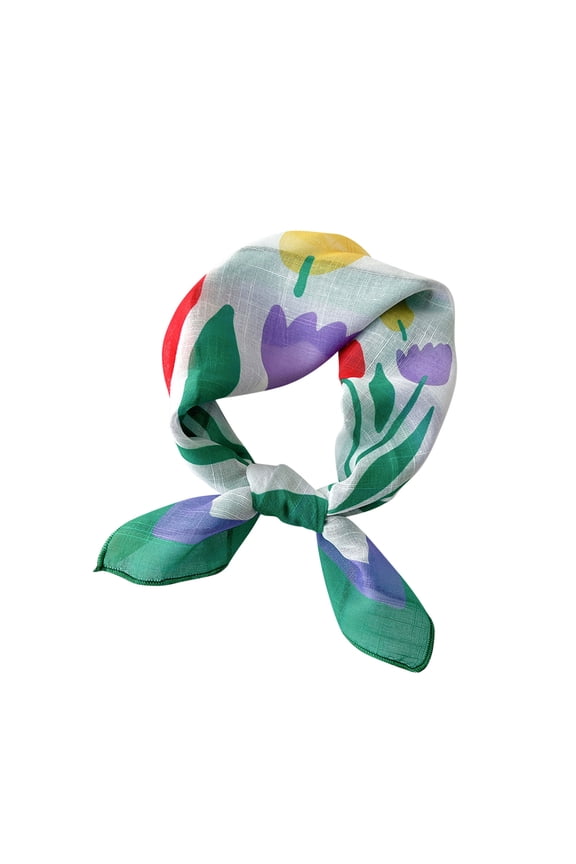 Womens Silk Scarf Flower Print Lively Fashion Versatile Multi Functional Decorative Breathable Spring and Summer Cotton and Linen Headband Square Scarf Green