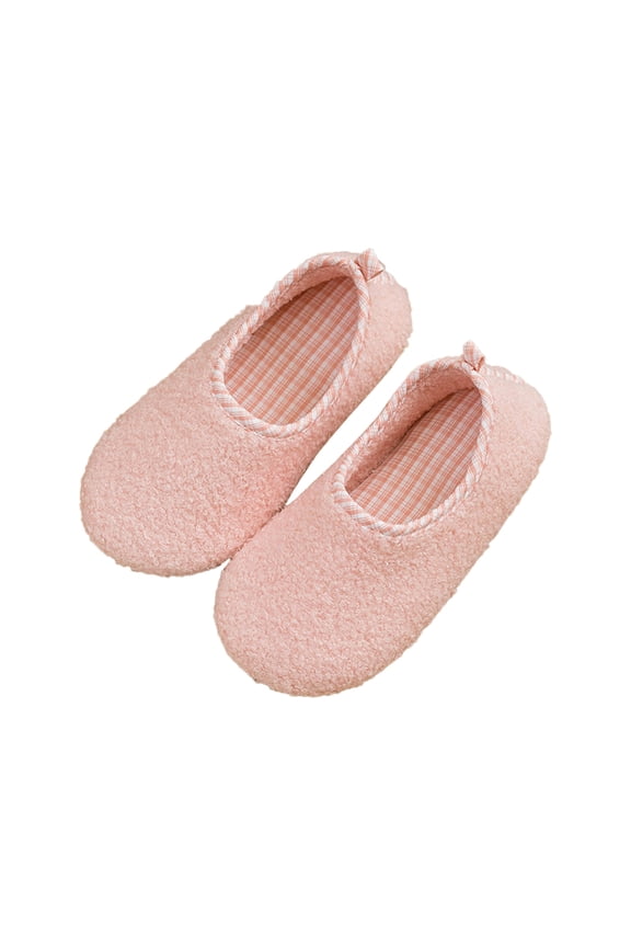 Womens Single Shoes Lamb Wool Plaid Lined Solid Color Slip On Soft Sole Winter Shoes Curly Cozy Flat Slide Slippers Comfy Soft Indoor and Outdoor House Shoes Pink