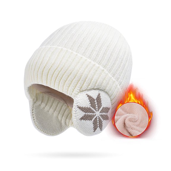 Xfvqtps Womens Skull Cap with Ear Flap Knitted Fleece Lined Solid Color Simplicity Stretch Windproof Coldproof Warm Thickened Ski Fall Winter Soft Beanie White