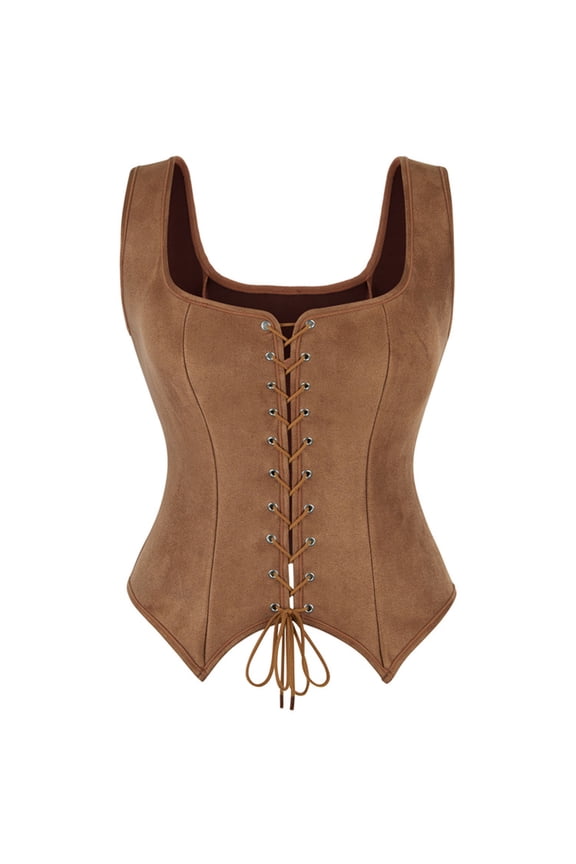 Womens Sleeveless Western Cowgirl Rodeo Outfit Lace up Vest Tops Renaissance Bodice Brown
