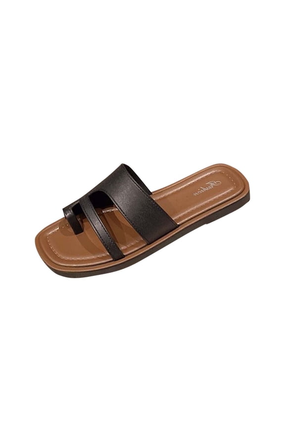 Womens Slide Sandals Flat Toe Ring Square Toe Soft Sole Non Slip Casual Beach Sandals Black