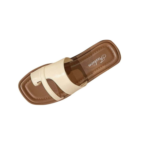 Xfvqtps Womens Slide Sandals Flat Toe Ring Square Toe Soft Sole Non Slip Casual Beach Sandals White