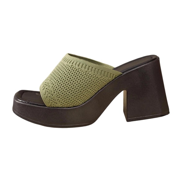 Xfvqtps Womens Slide Sandals Open Square Toe Knit Chunky Block Heel Casual Comfort House Shoes Summer Spring Outdoor Indoor Slides