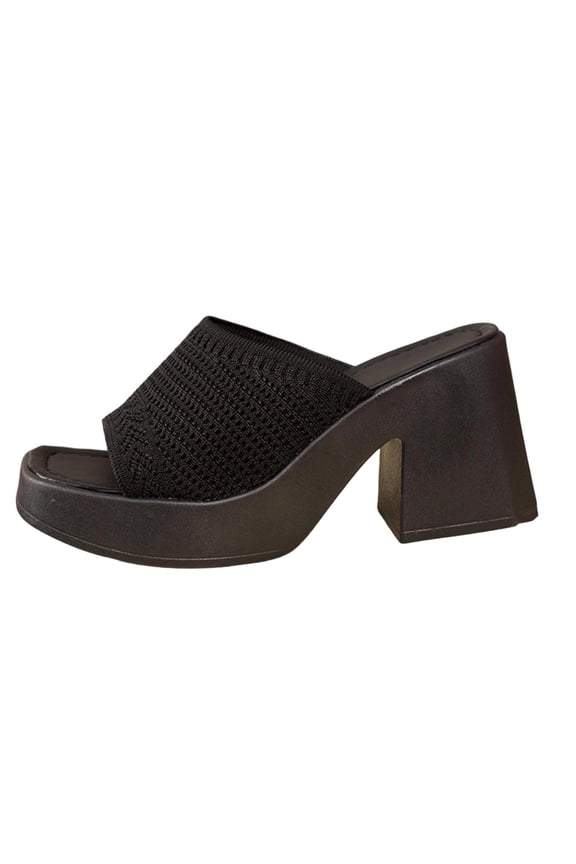 Womens Slide Sandals Open Square Toe Knit Chunky Block Heel Casual Comfort House Shoes Summer Spring Outdoor Indoor Slides