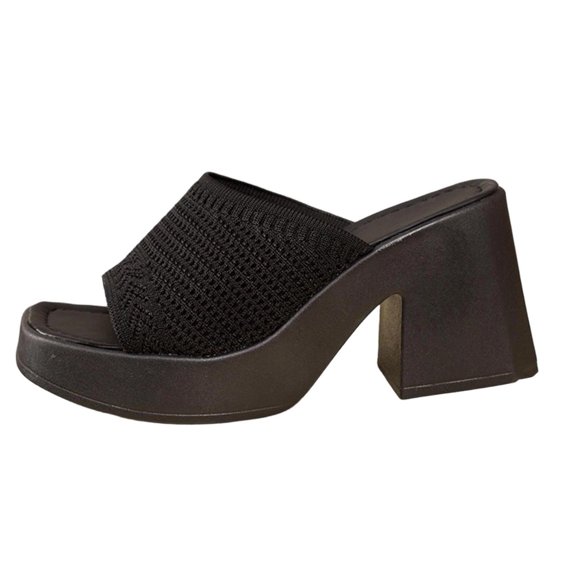 Xfvqtps Womens Slide Sandals Open Square Toe Knit Chunky Block Heel Casual Comfort House Shoes Summer Spring Outdoor Indoor Slides