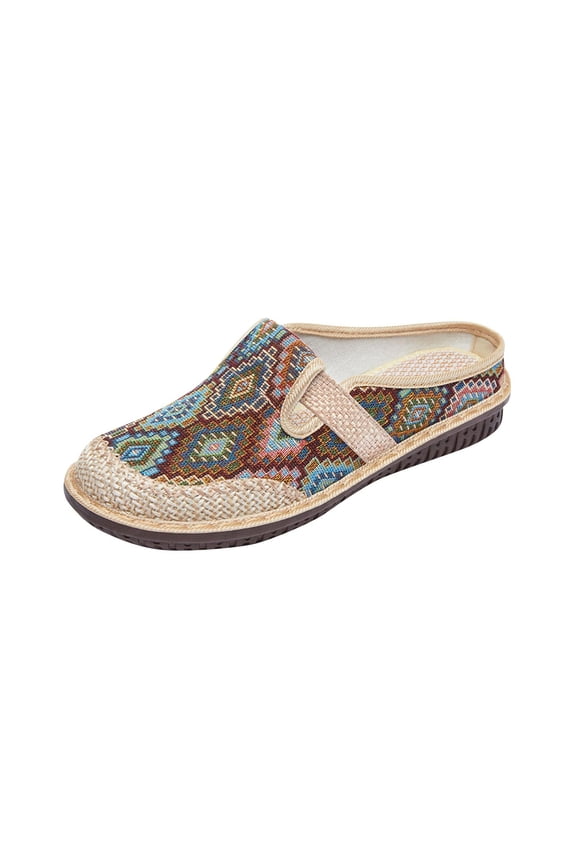 Womens Slip on Boho Closed Toe Mules Fashion Embroidered Linen Half Slippers Flat Bottom Retro Comfortable Breathable Flax Slippers Red