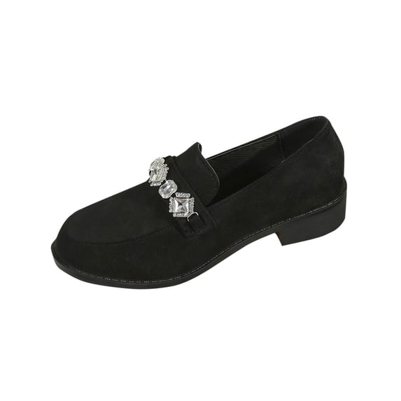 Xfvqtps Womens Slip on Loafers with Rhinestone Detail Casual Shoes Round Toe Low Block Heel Flat Shoes Comfortable Wear Black
