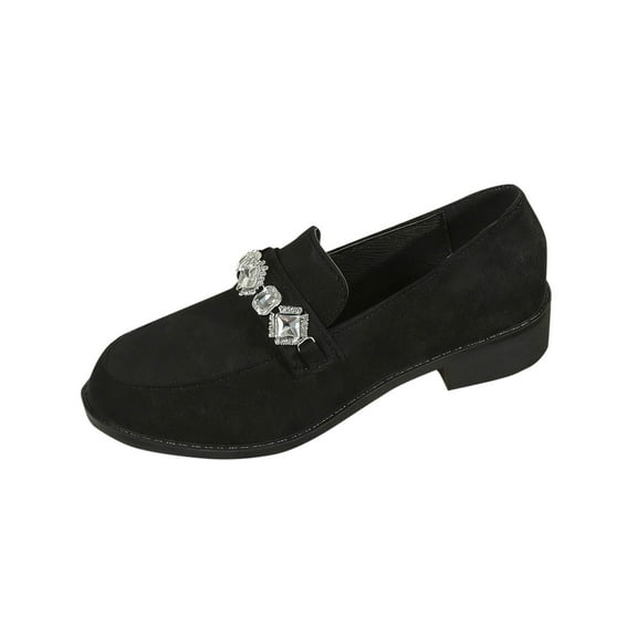 Xfvqtps Womens Slip on Loafers with Rhinestone Detail Casual Shoes Round Toe Low Block Heel Flat Shoes Comfortable Wear Black