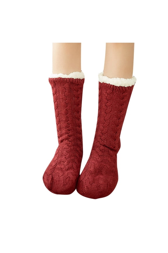 Womens Slipper Socks with Grippy Plush Lining Plush Edge Thick Snow Socks Carpet Socks Solid Color Comfortable Soft Warm Winter Fuzzy Socks Wine