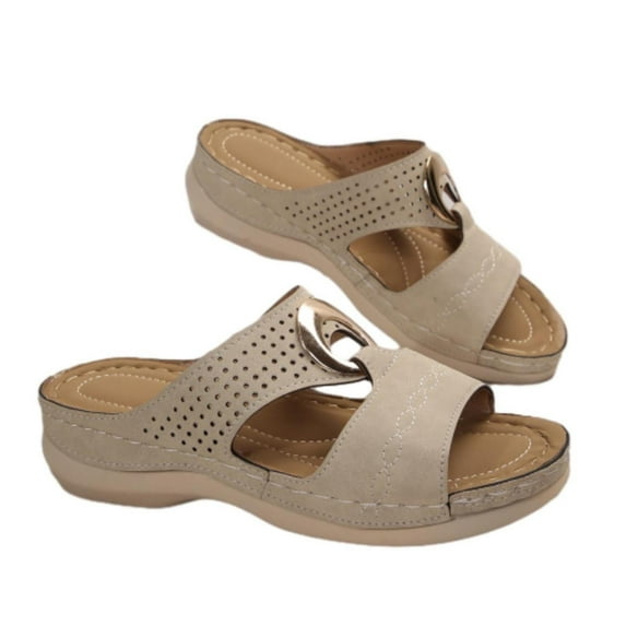 Xfvqtps Womens Slippers Large Size Hollow out Metal Decoration Solid Color Peep Toe Soft Sole Comfortable Non-Slip Vacation Beach Summer Wedge Shoes Khaki