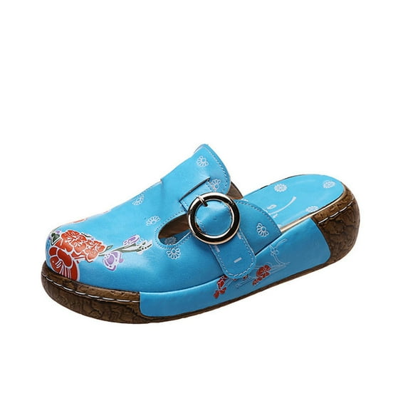 Xfvqtps Womens Slippers Plus-Size Flower Hollow out Slip on Closed Toe Wedge Retro Boho Ethnic Style Vintage Print Patchwork Braid Imitation Clog Mules Shoes Blue